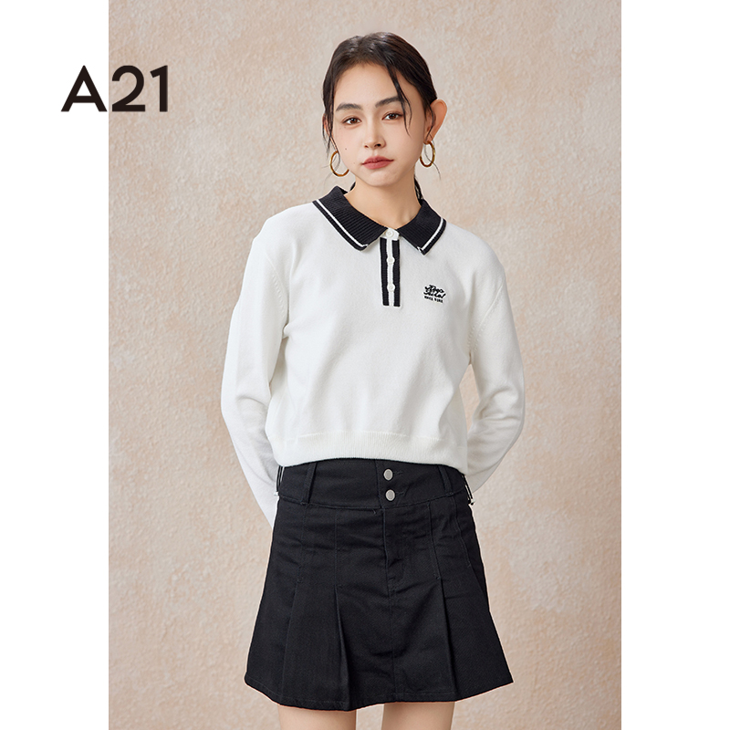 A21女装秋季学院风长袖针织衫女撞色高级时尚休闲上衣F441243020