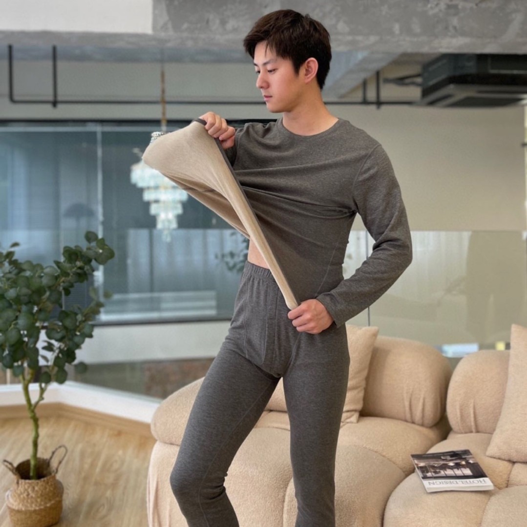 德绒内衣套装绵羊蚕丝加绒无痕打底保暖纯色加绒的套装秋衣男内搭