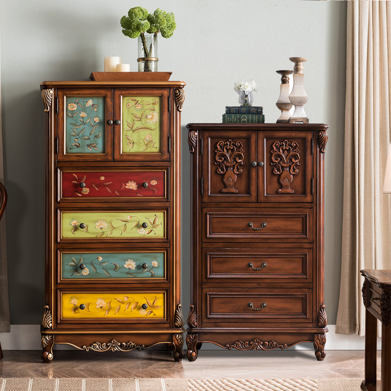 美式酒柜实木客厅靠墙欧式彩绘电视柜立柜边柜复古抽屉式双门酒柜