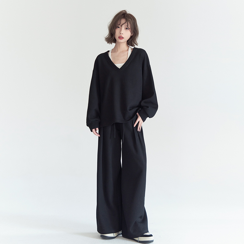 万有引力博物馆 休闲运动套装女2024年新款大V领长袖上衣+阔腿