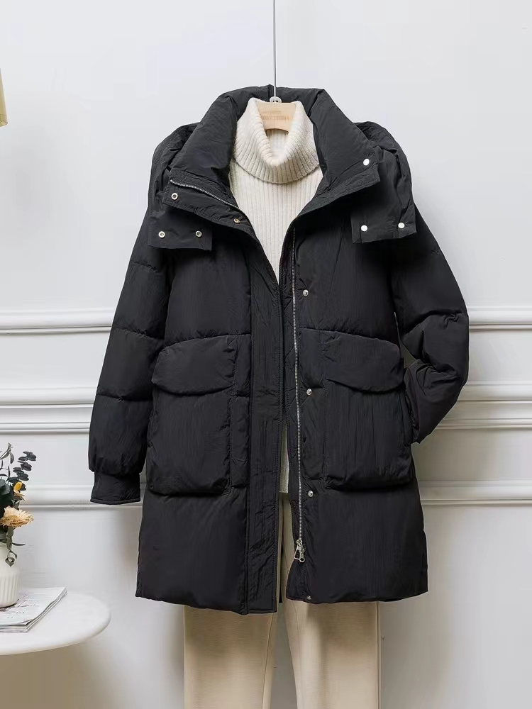 90新国标加厚白鸭绒中长款羽绒服连帽休闲保暖百搭黑色羽绒服