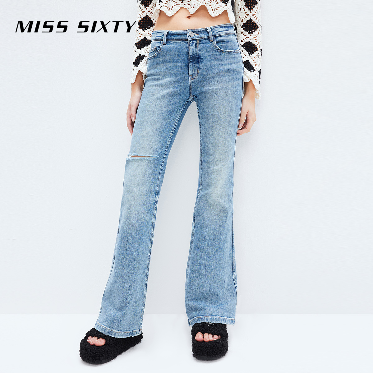 Miss Sixty牛仔裤女复古破洞微喇叭裤千禧风辣妹