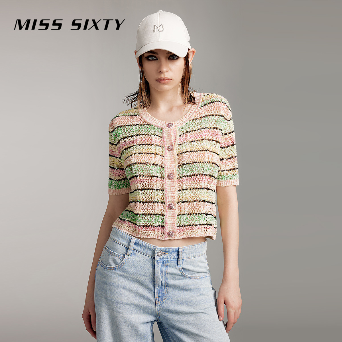 Miss Sixty夏季新款针织衫女多巴胺条纹拼色圆领短袖复古减龄