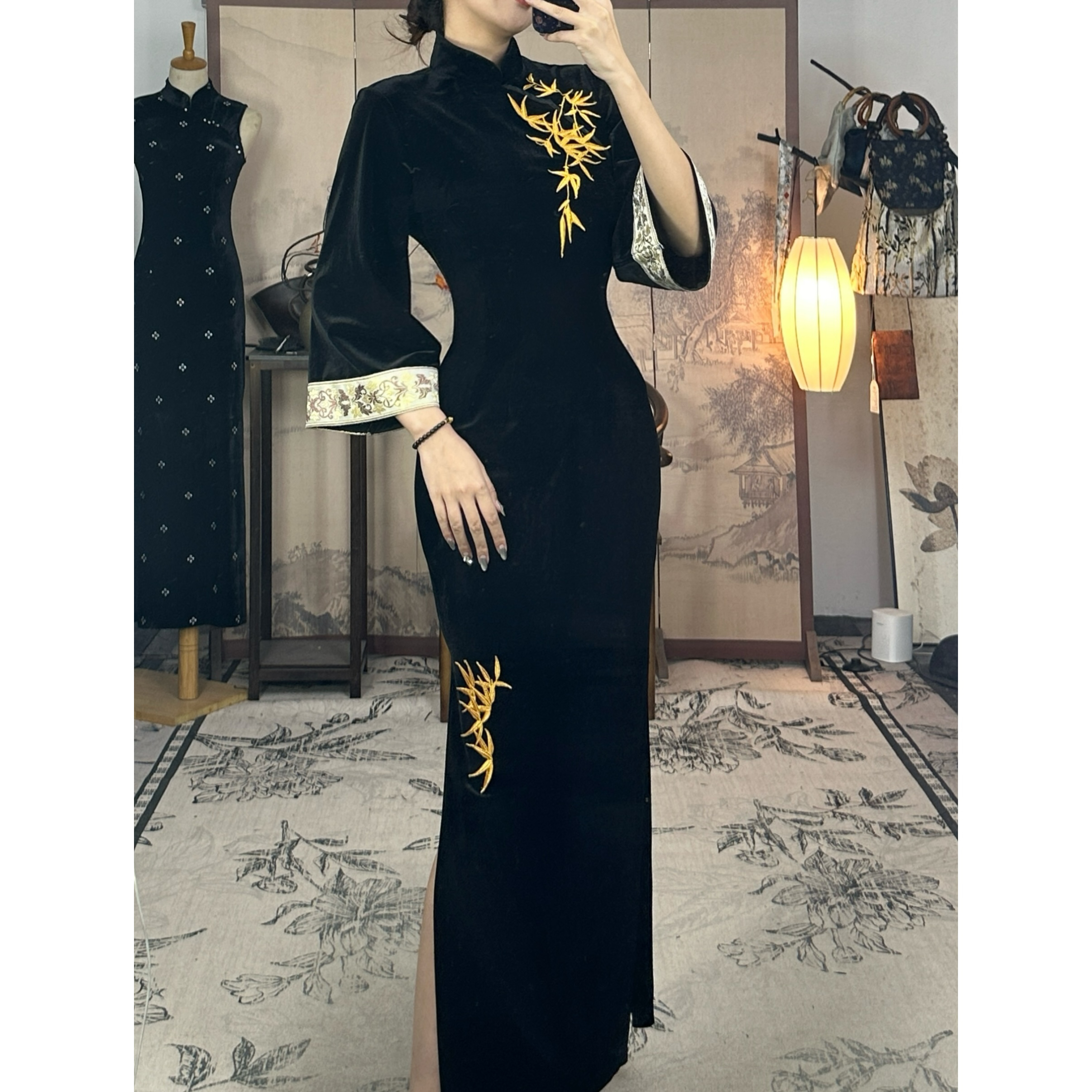 【金竹】肆意新款长袖气质新中式设计秋冬加厚显定位花瘦修身旗袍