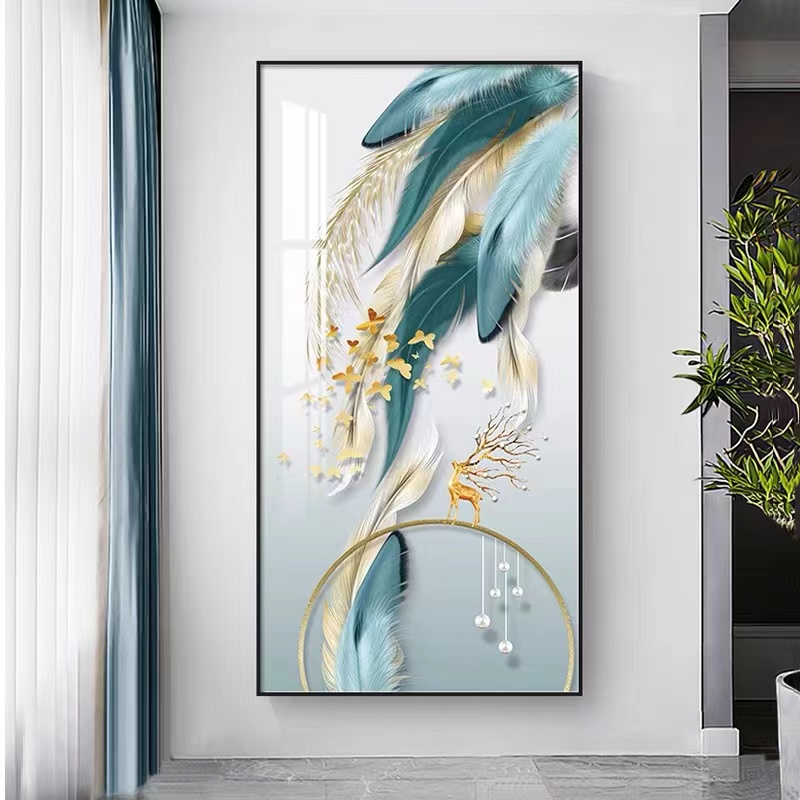 带灯玄关画《鎏金羽毛》【多款画面选择】镶钻晶瓷装饰画轻奢简约手工