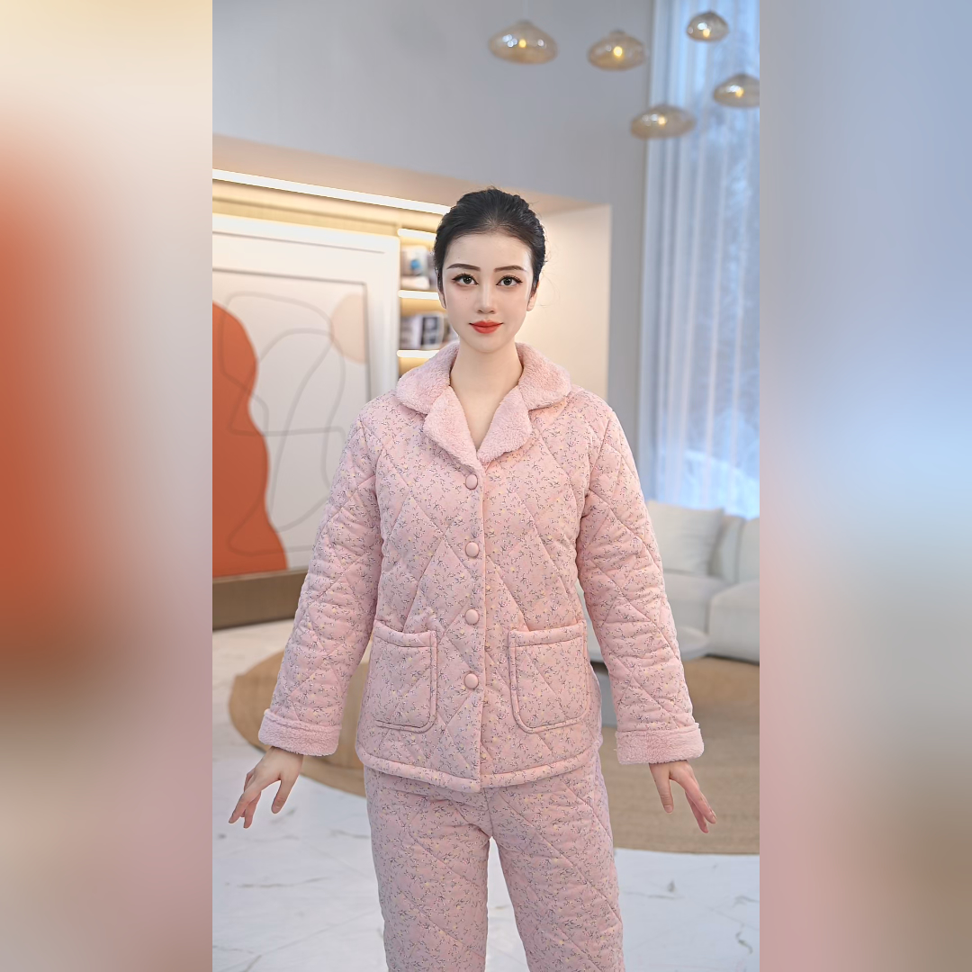 秋鹿针织印碎花夹棉国民领女套保暖冬款睡衣