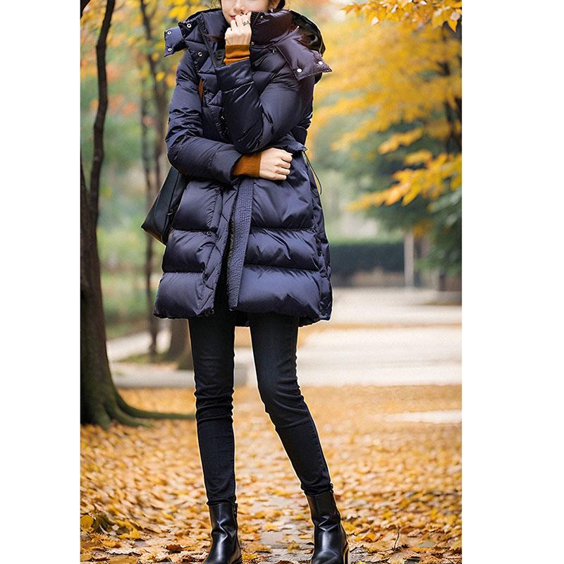 加厚中长款白鹅绒羽绒服女2023年秋冬新款连帽减龄抽绳收腰外套A