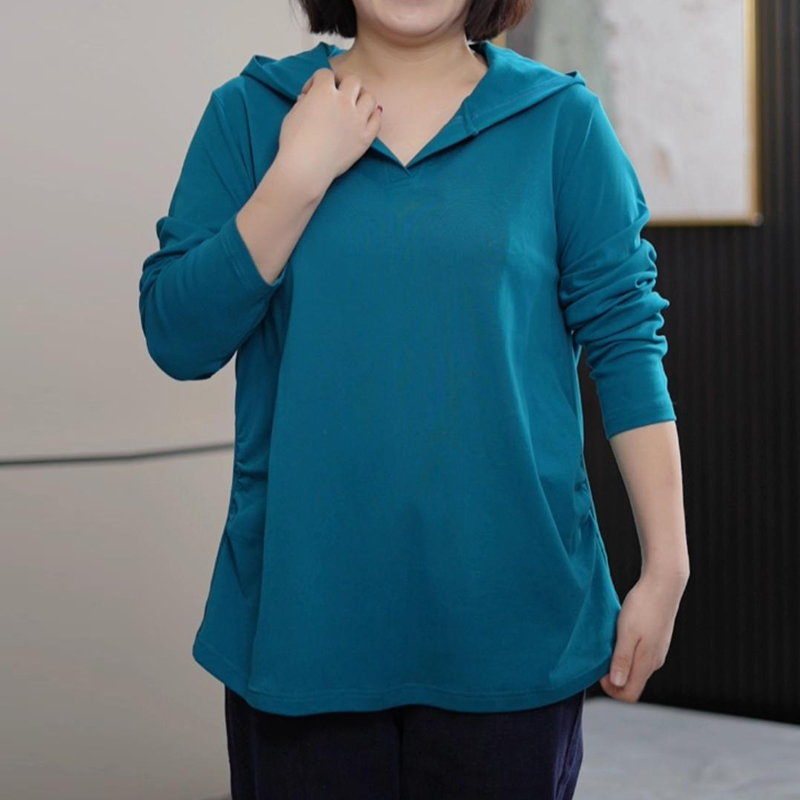 连帽打底衫女V领纯色百搭时尚休闲简约弹力大码流行显瘦潮流上衣