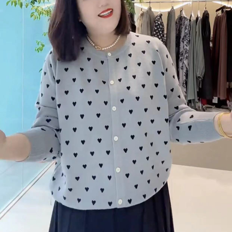 爱心双股色织绵羊毛针织开衫外套大码百搭秋季短款针织衫上衣女