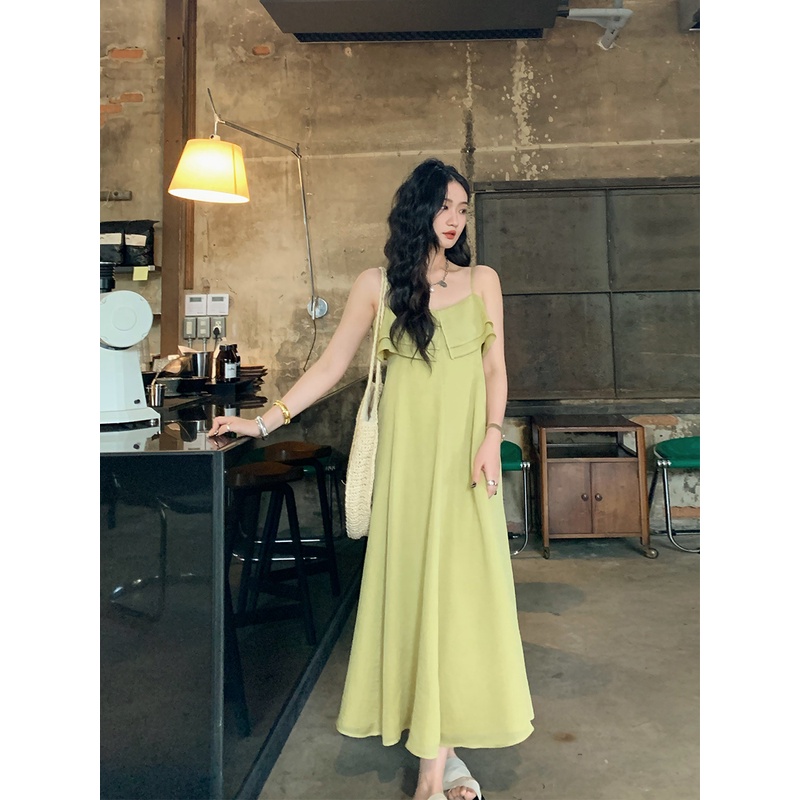 Lit e mode肌理感荷叶边露肩吊带裙垂坠感连衣裙女高级感长裙