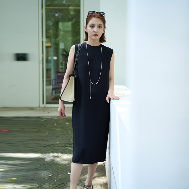 【YEESIGO】连衣裙女 三醋酸 黑色輕奢無袖 小黑裙 高档连衣裙女