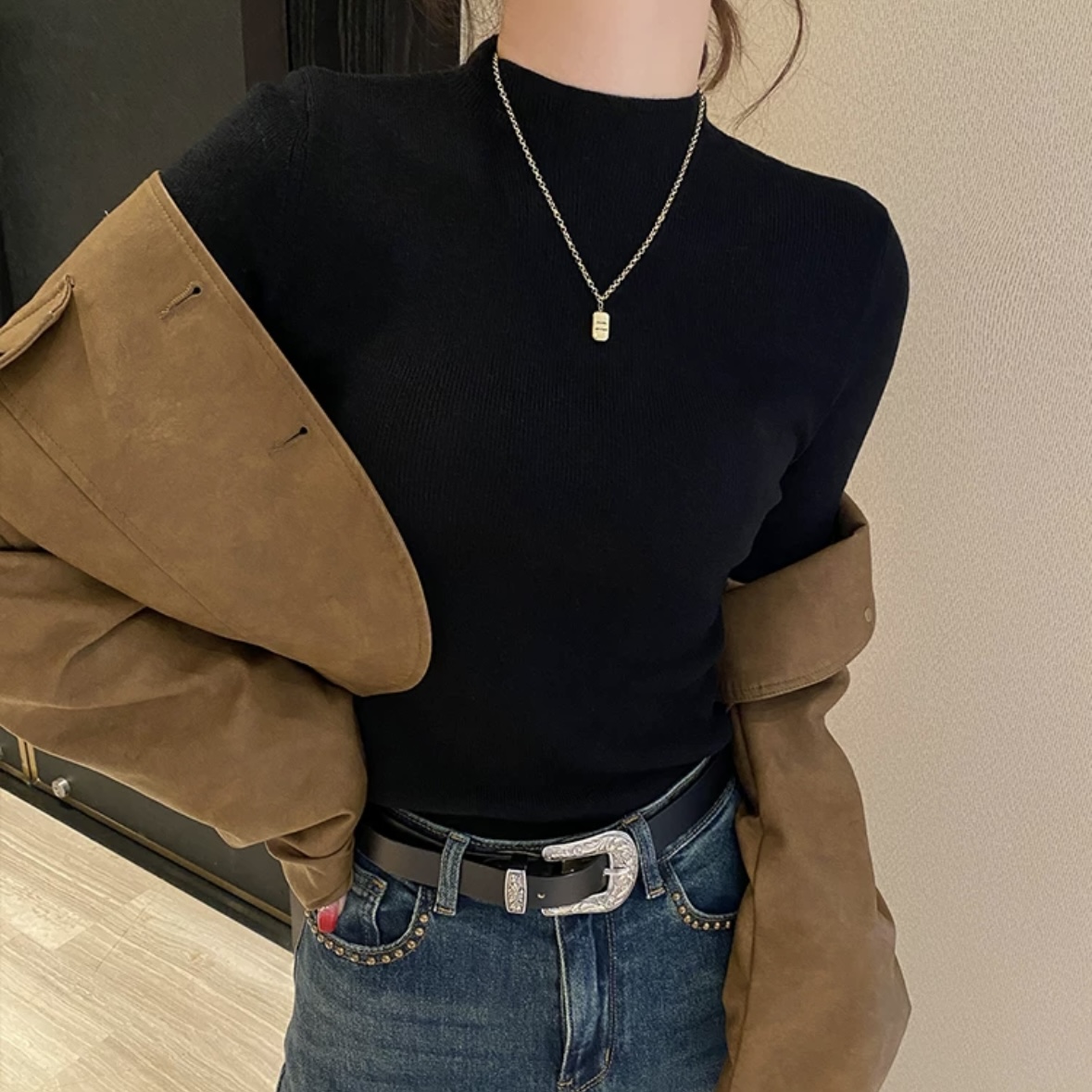 2024新款韩系百搭秋冬季半高领针织打底上衣