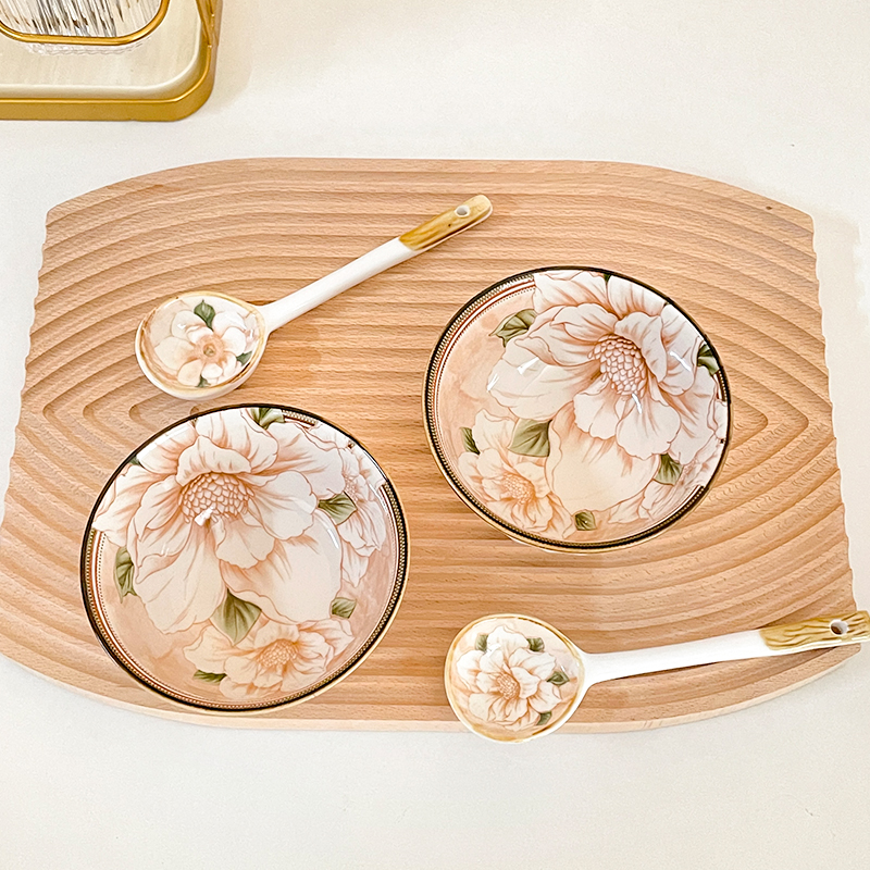 【山茶花2碗2勺】家用碗勺套装4.5英寸吃饭碗陶瓷釉下彩高颜值