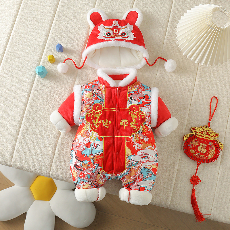 冬季婴儿过年喜庆连体衣百天周岁宝宝外出加厚岁岁平安厚棉哈衣
