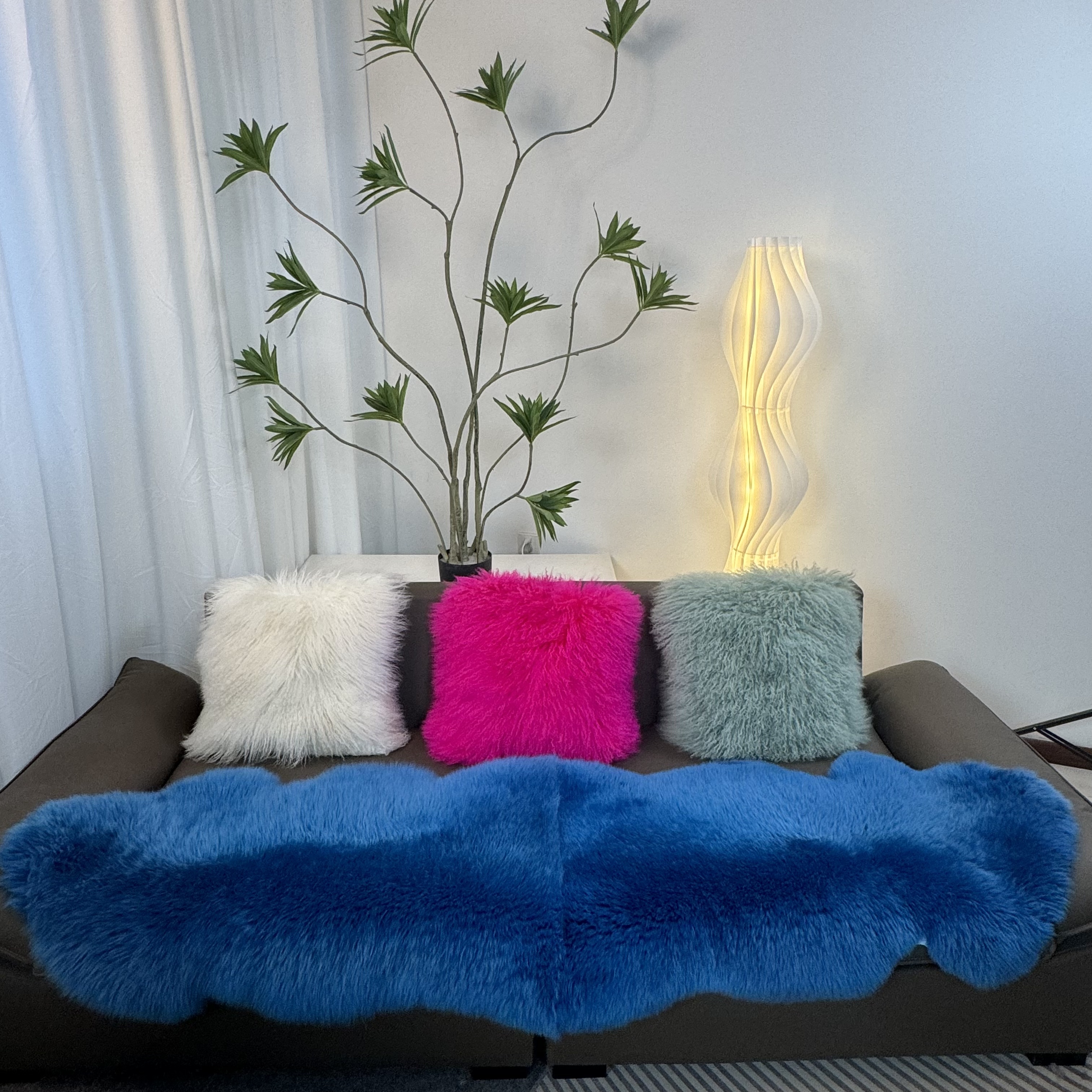 孔雀蓝拼高端羊皮毛沙发垫可爱卧室连皮毛长200cm（±5cm）