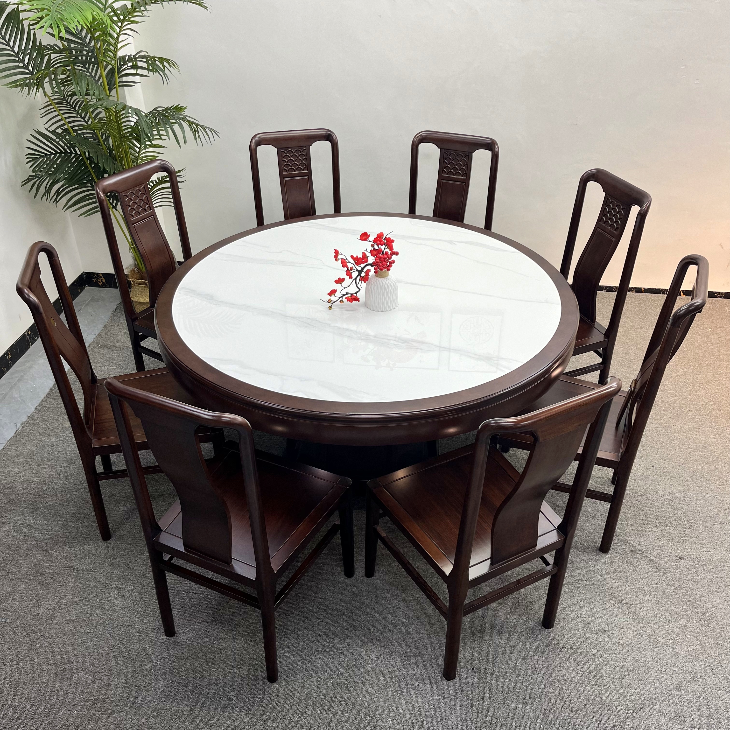 【禾星】岩板实木餐桌家用圆桌10人吃饭桌子榫卯餐桌椅新中式全实木