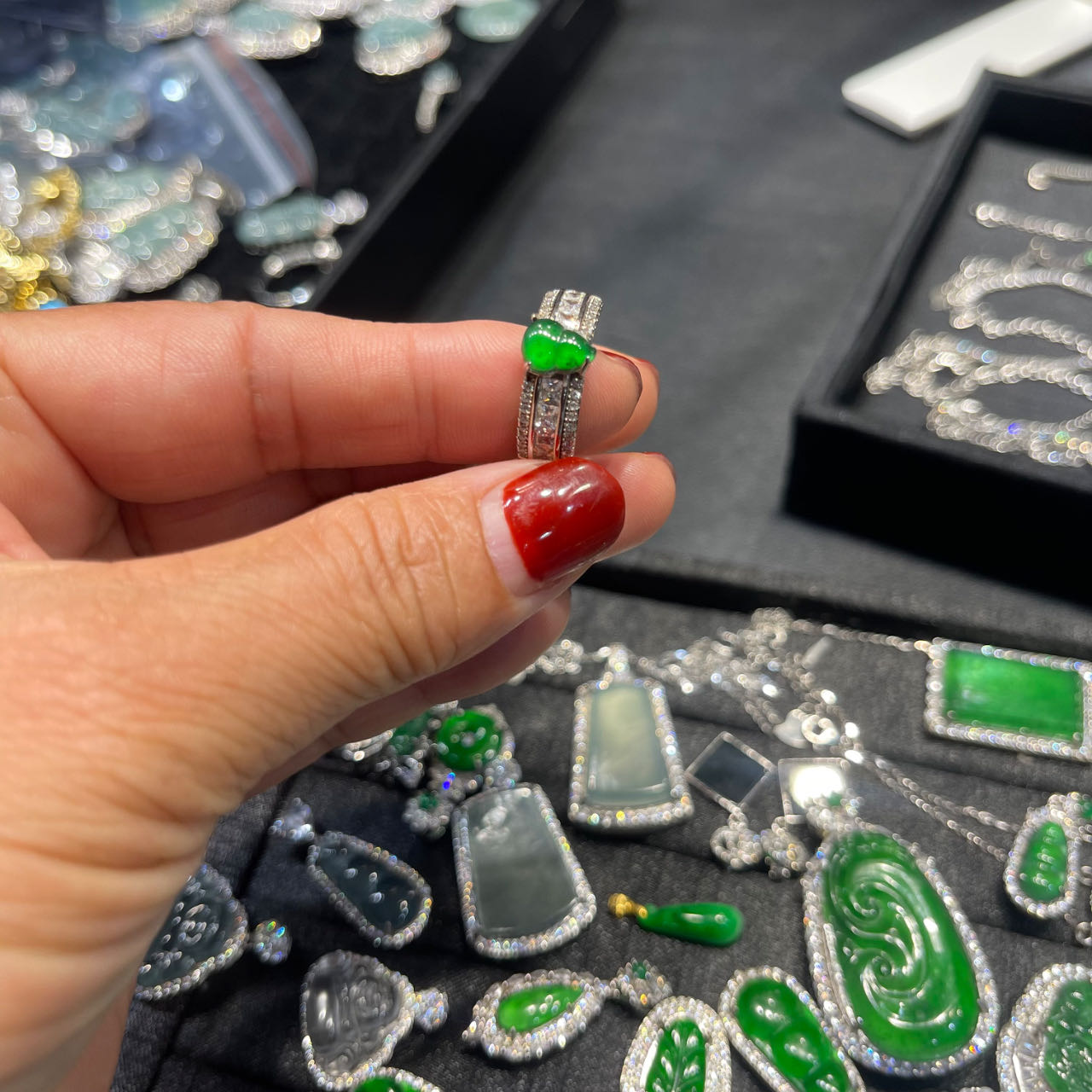 天然A货翡翠戒指冰绿葫芦S925银镶嵌