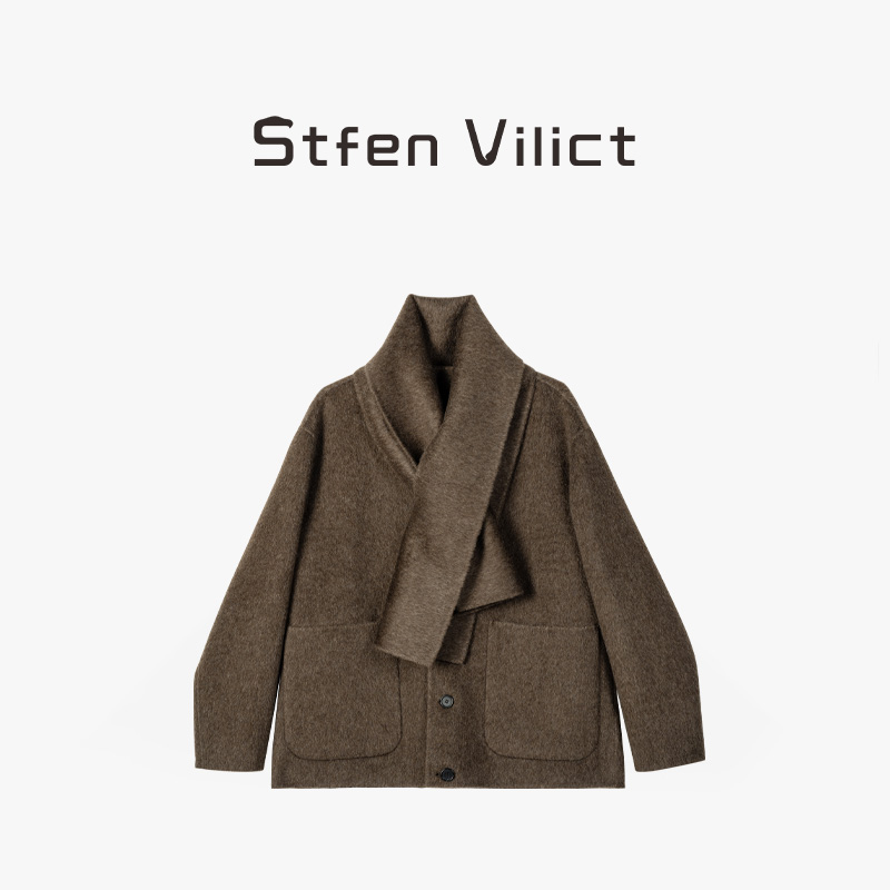 威廉史蒂芬2024高定秋冬新款毛绒外套搭配同面料可拆卸围巾气质