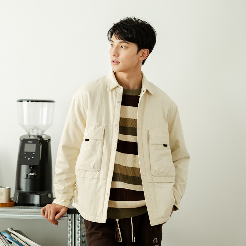 中和休闲翻领夹棉衬衫外套男2024冬季新款时尚加厚保暖夹克上衣
