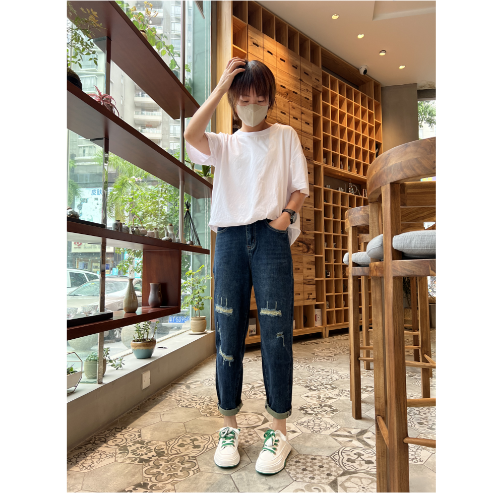 新款蓝色怀旧牛仔假破洞老爹裤小跨裤微胖99023