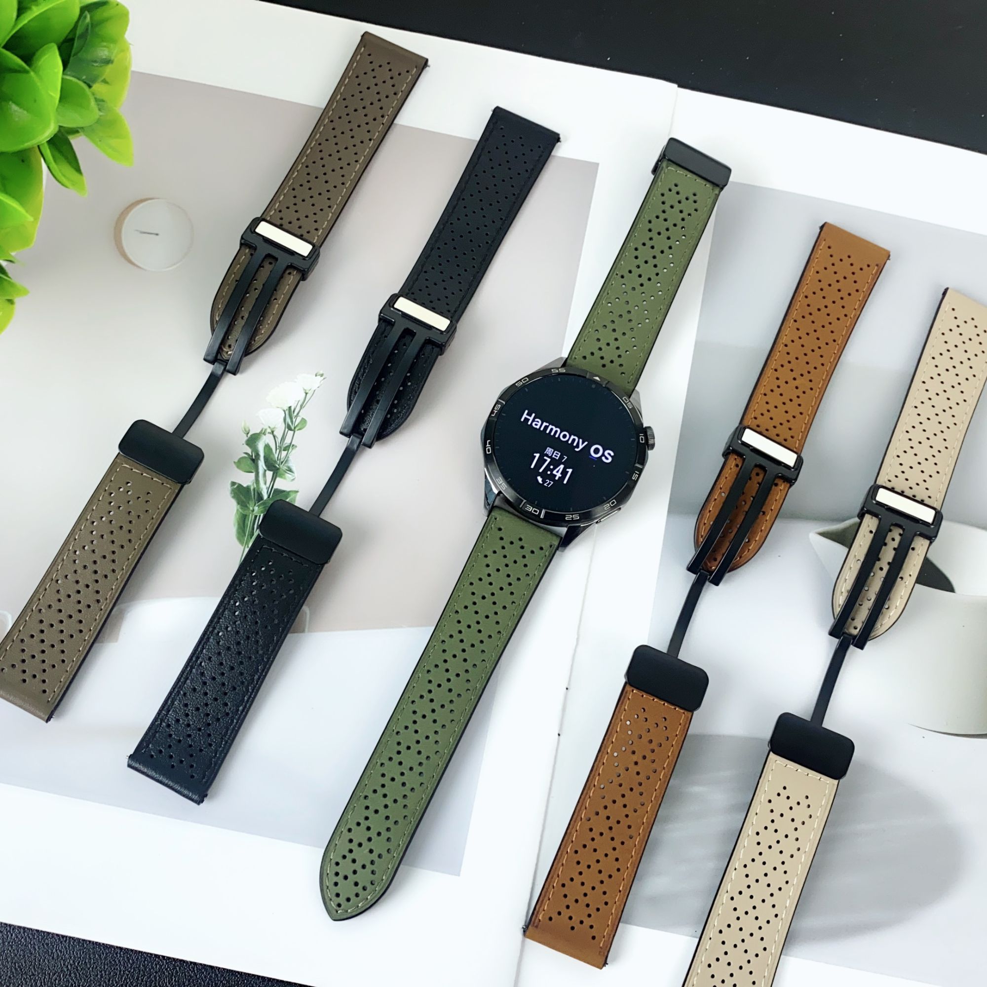 适用华为手表GT6/GT5蜂窝孔小牛皮表带Watch5磁吸扣洞洞透气真皮