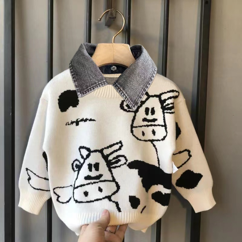 男童毛衣新款童装牛仔衬衫领秋冬保暖加厚针织衫中大童套头打底衫