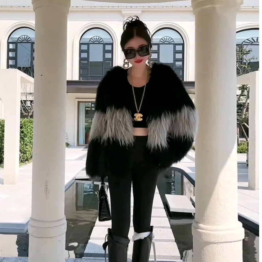 【上新-外套系列】黑灰拼接加密双面编织毛毛外套