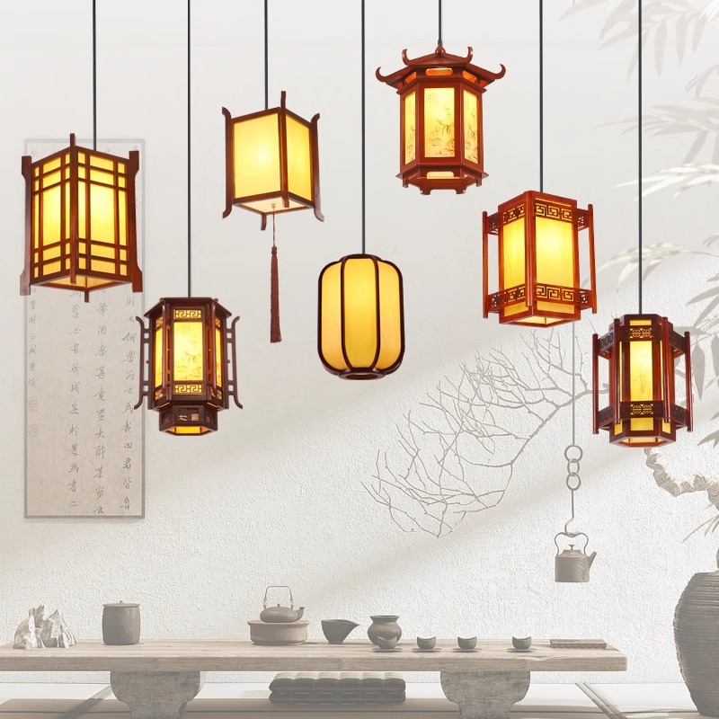 中式仿古小吊灯酒店饭店走廊阳台灯笼灯户外装饰复古实木羊皮灯饰