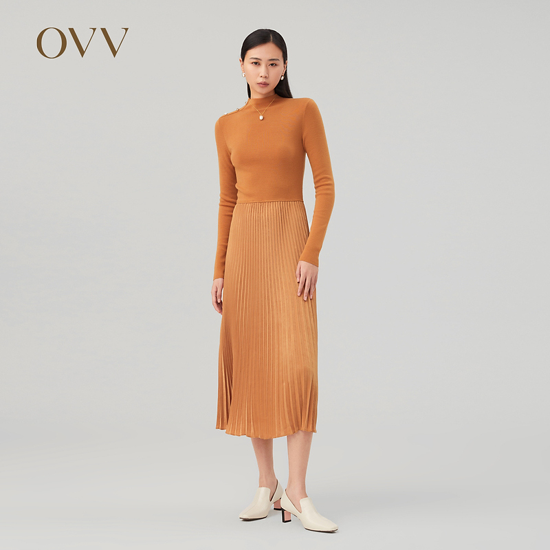 OVV秋冬新款女装针织半高领拼接梭织百褶休闲长袖连衣裙