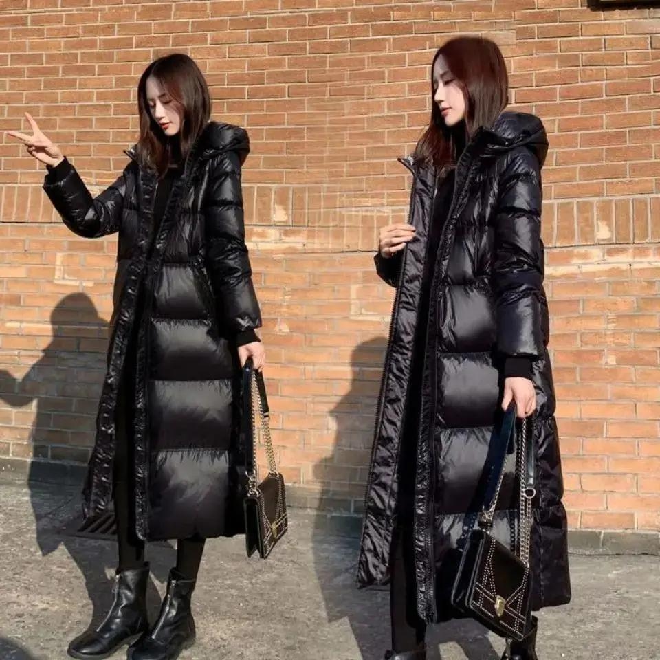 2023新款黑色羽绒羽绒服韩版长款亮面棉衣女加厚修身棉袄潮款