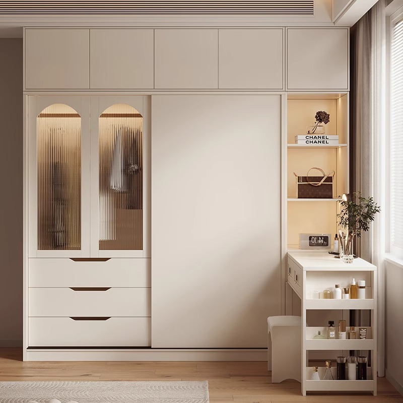 奶油风书桌一体卧室推拉门大衣橱移门成品实木小户型家用柜子