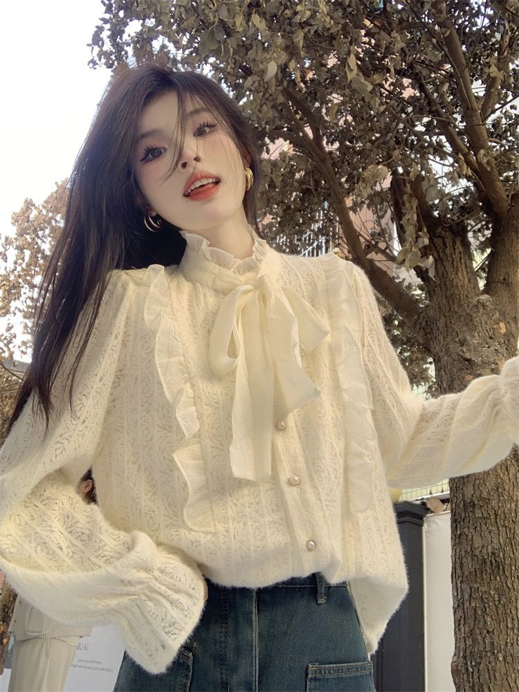 蝴蝶结系带木耳边蕾丝衬衫内搭女秋冬设计感小众上衣加厚打底衬衣