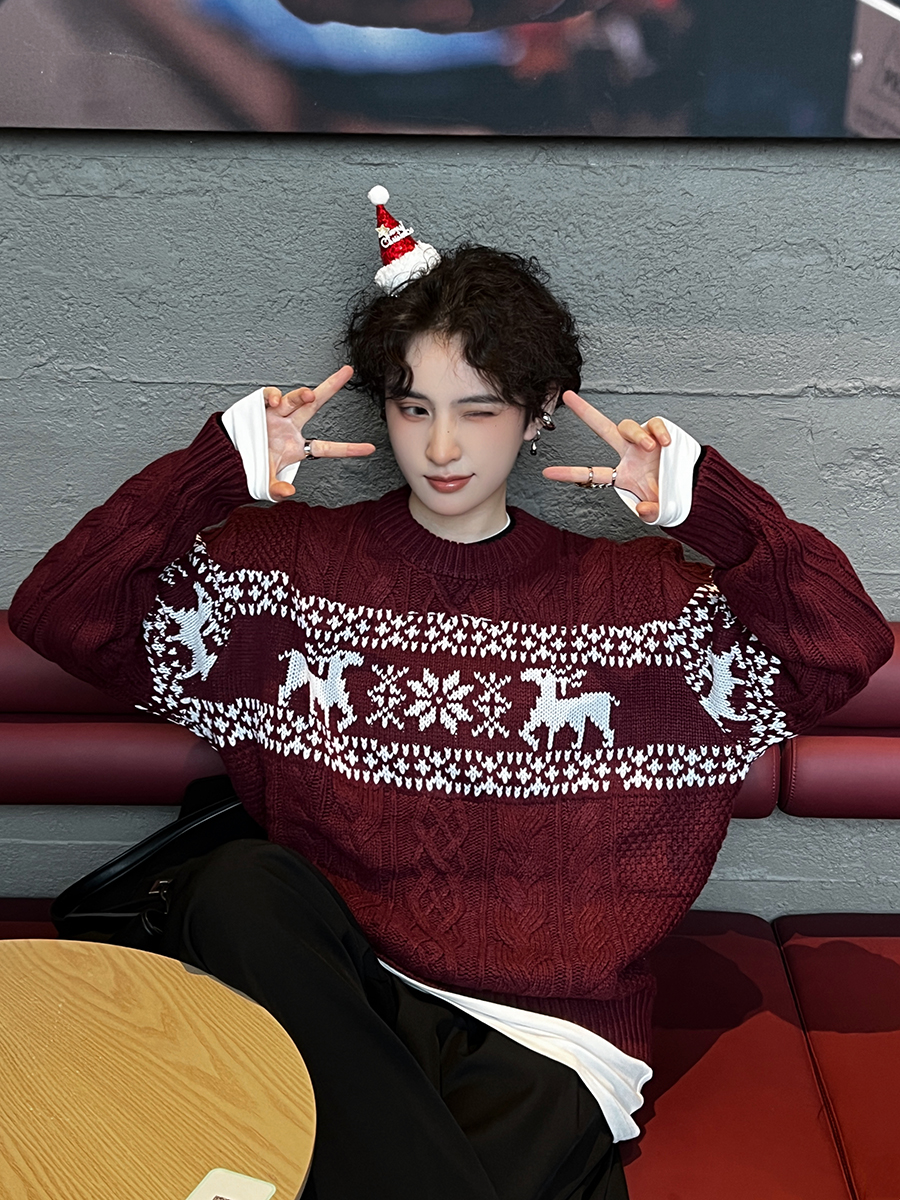 设计高级复古撞色圣诞毛衣上衣女冬季慵懒保暖宽松圆领百搭针织衫