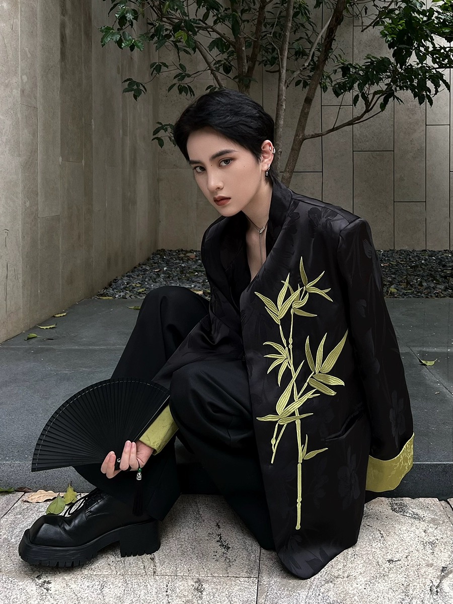 DANA早秋新款中式立领黑色休闲西装翠竹刺绣气质高级感西装外套