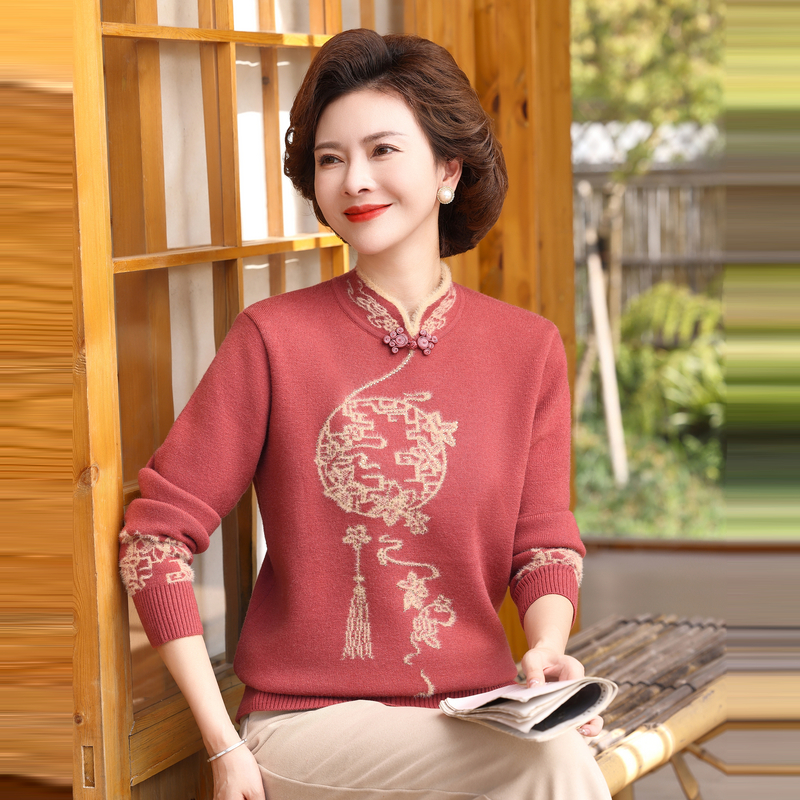 妈妈加绒加厚毛衣中年女秋冬装保暖上衣中老年洋气打底衫2024新款