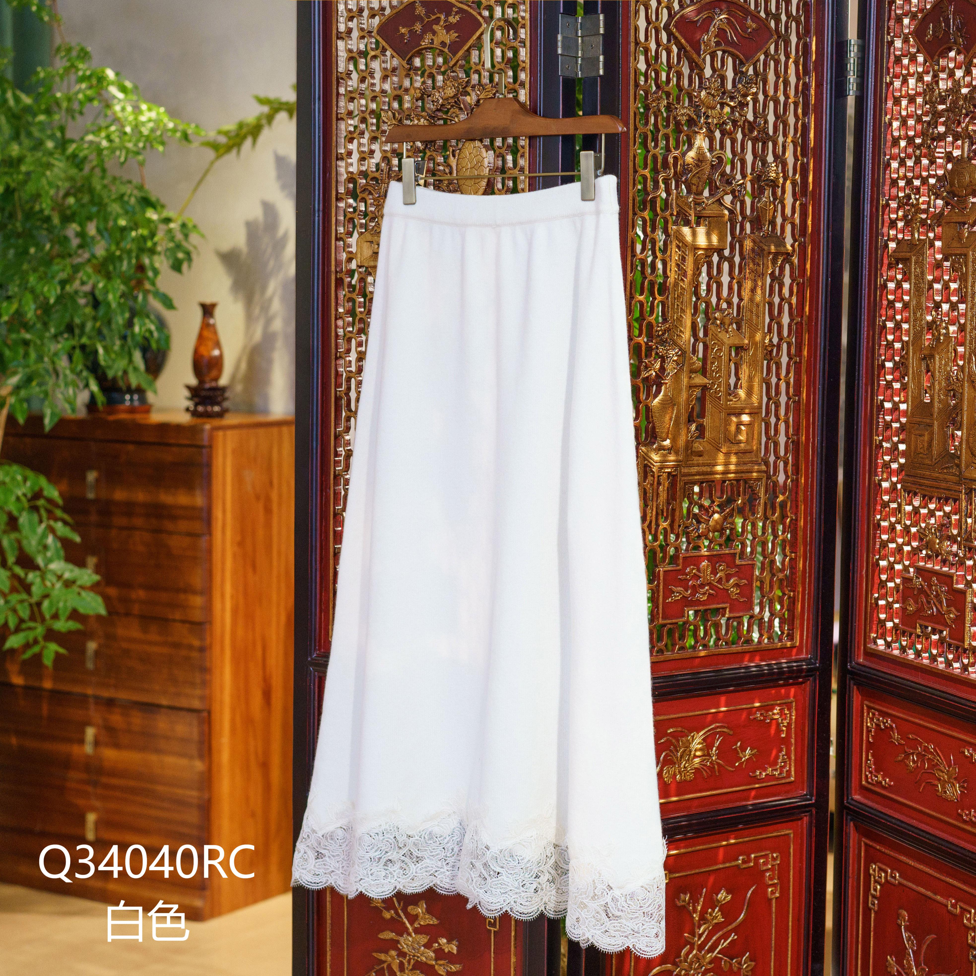  【锦·系】羊绒拼蕾丝新中式国风松紧腰半裙Q-34040RC