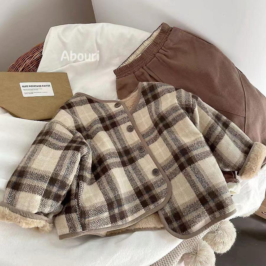 2024新款宝宝秋冬季呢子童加绒加厚外套小童呢子外套短款保暖上衣