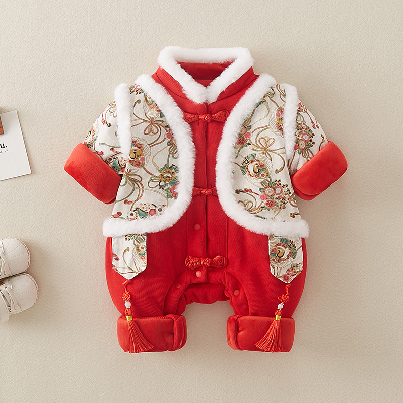 婴儿拜年服冬季过年喜庆衣服夹棉加厚宝宝连体衣红色保暖外出哈衣