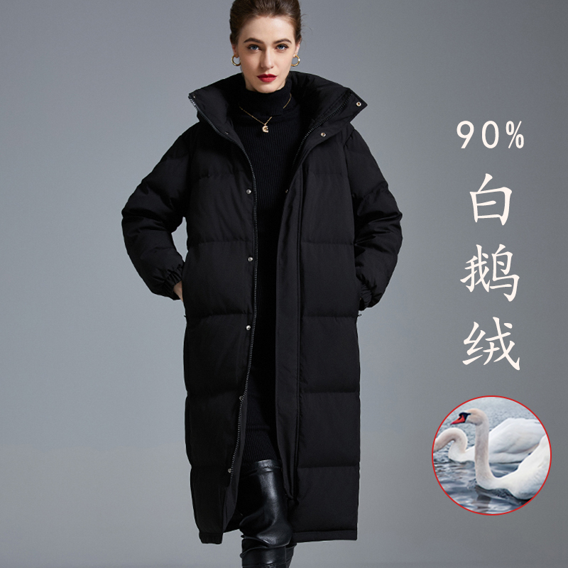 鹅绒羽绒服过膝中长款加厚连帽男女同款2025冬季宽松黑长羽绒服