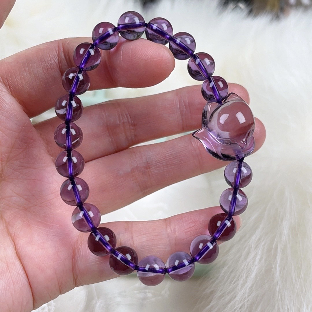 天然全晶体紫水晶手链紫晶小狐狸九尾灵狐手串8mm珠