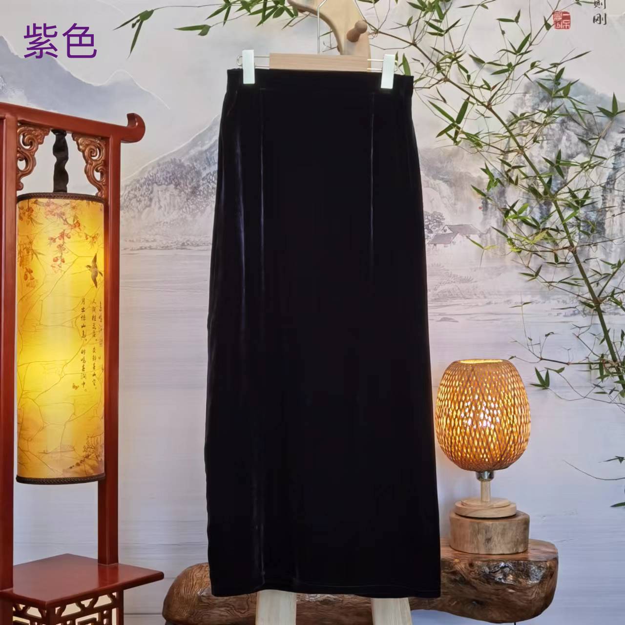 富美国风桑蚕丝兰色半身裙F9887