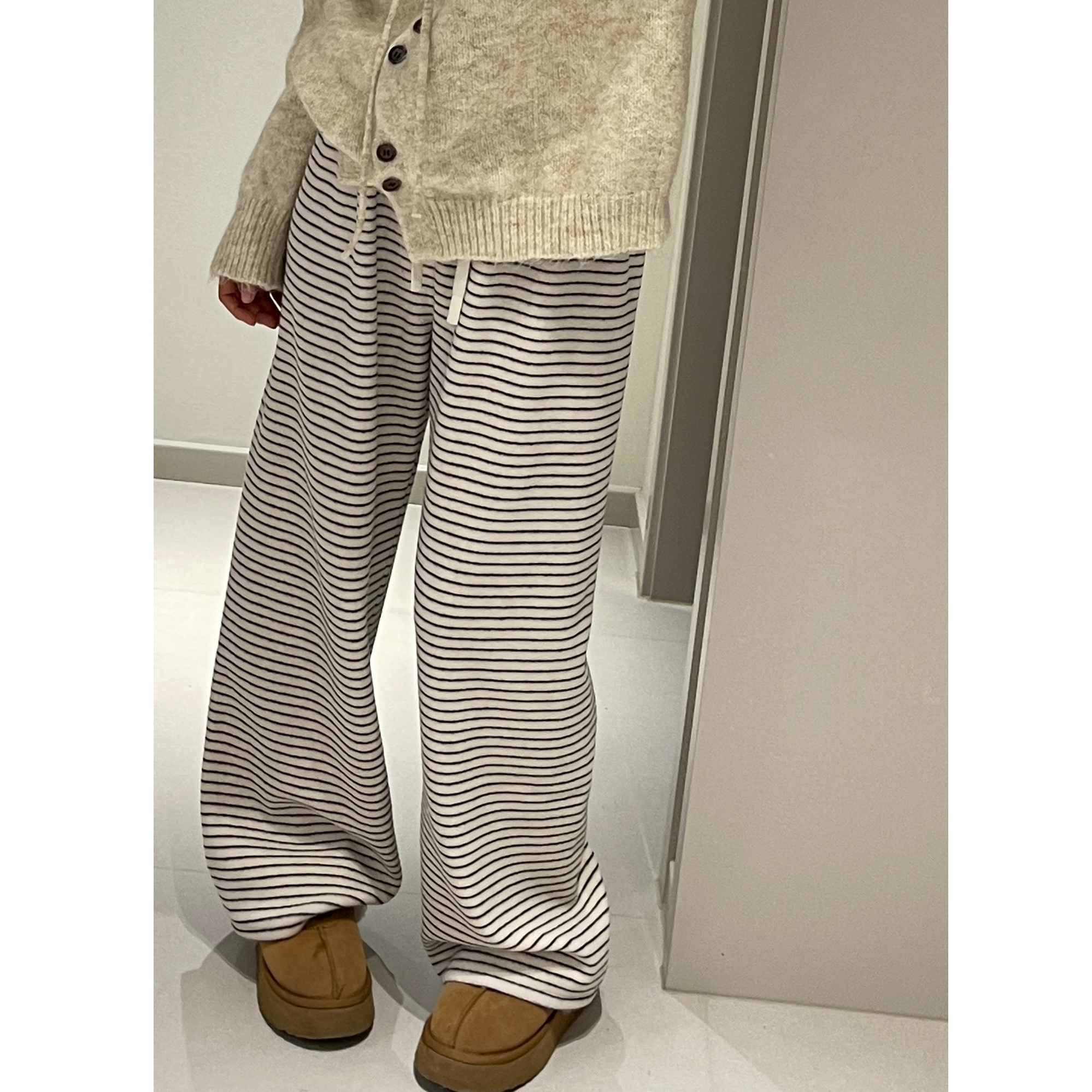 加绒加厚软糯条纹阔腿裤慵懒风直筒托地裤休闲显瘦秋冬保暖长裤