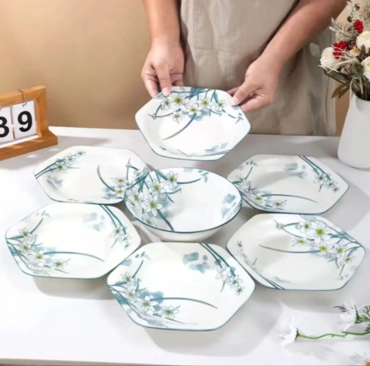 水仙花六角盘6个+8英寸汤碗1个 釉下彩陶瓷餐具