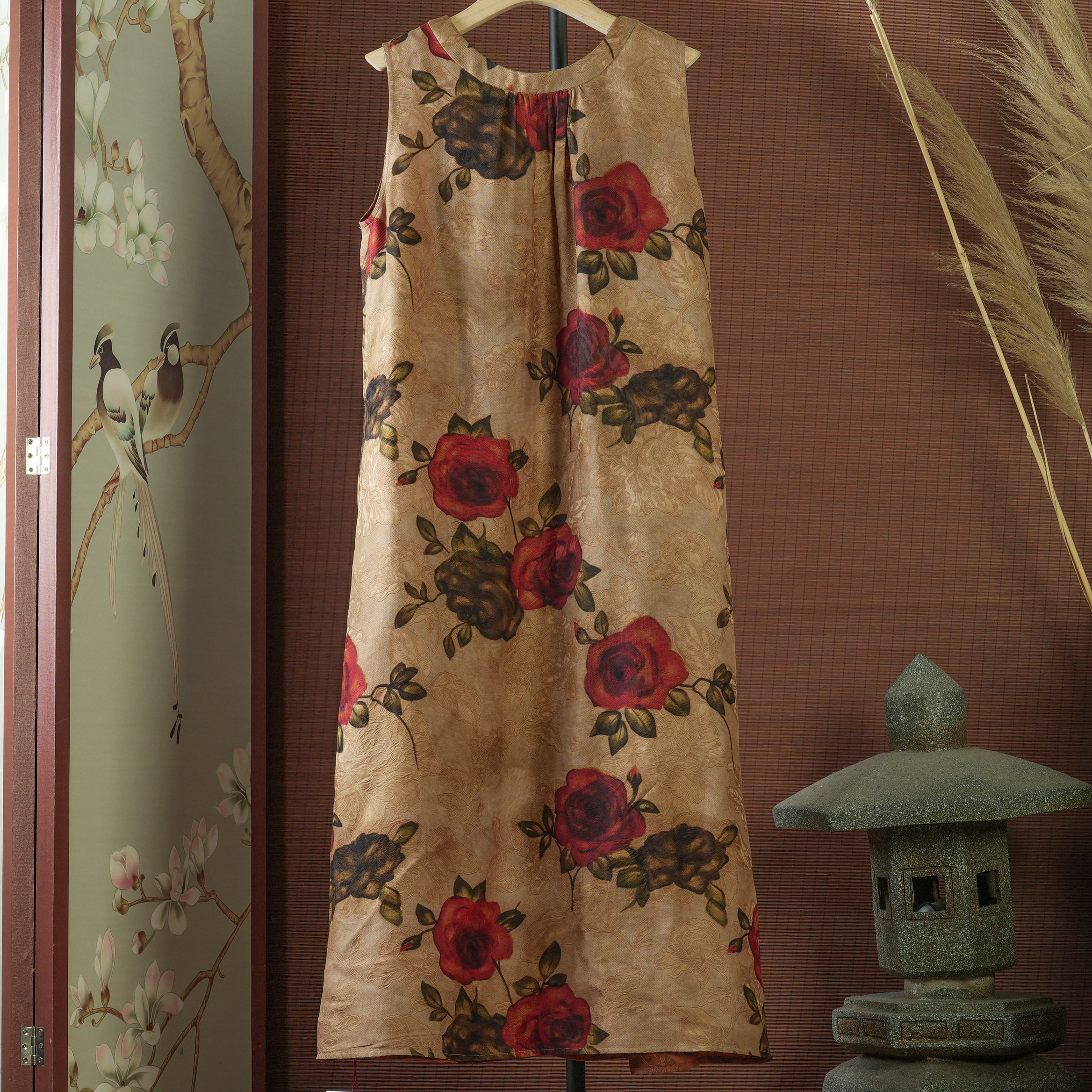 潘 复古玫瑰无袖连衣裙 290824