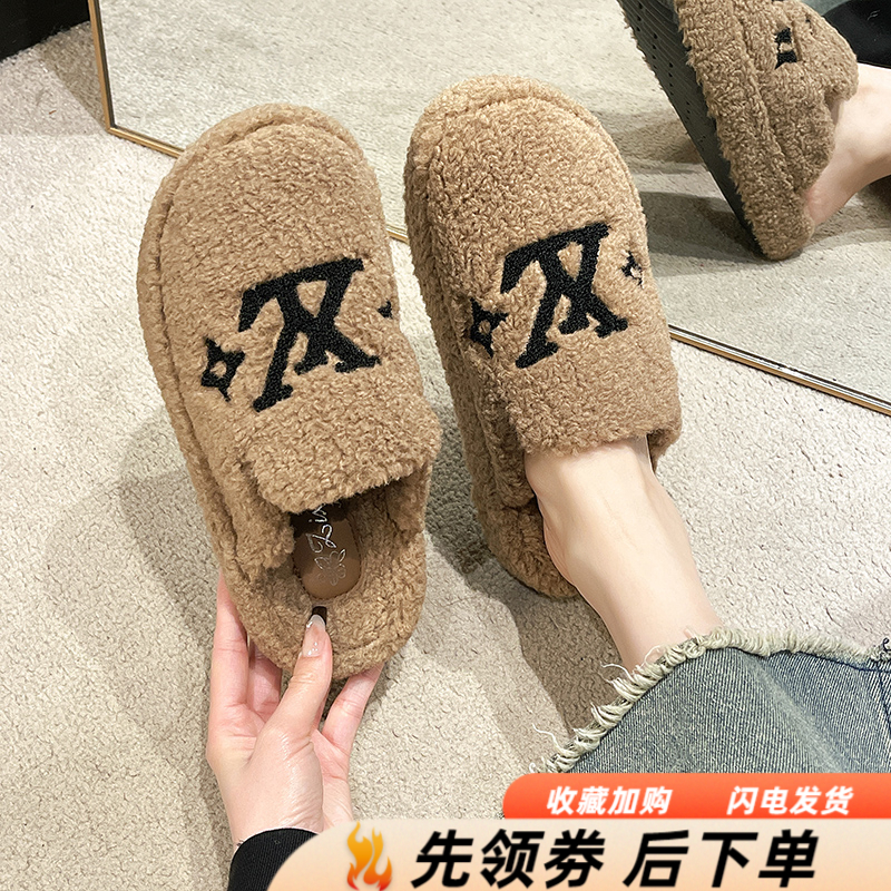 包头半拖鞋女冬季外穿厚底复古学生勃肯2023新款羊羔毛毛棉拖爆款