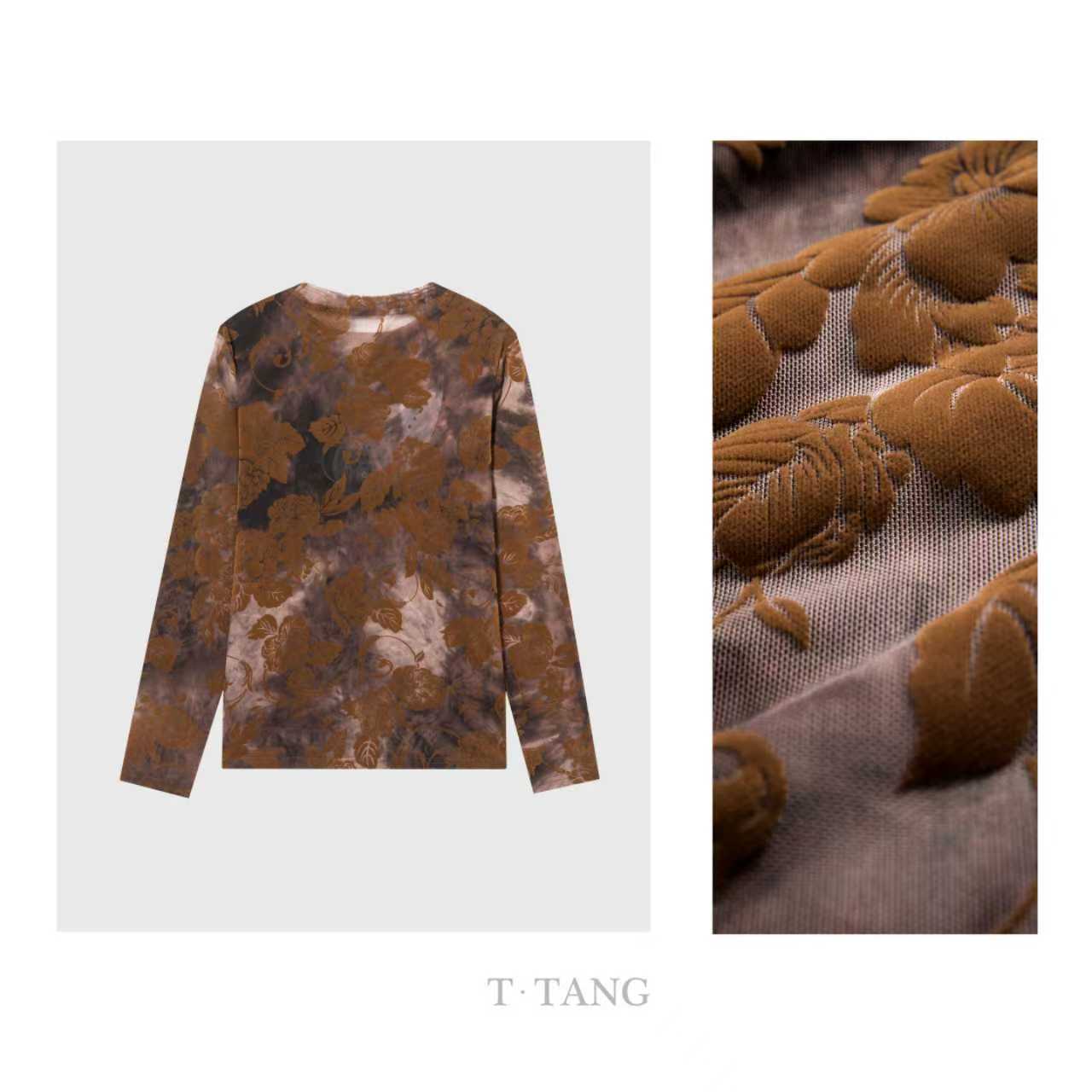 FL秋季复古网纱底植绒面料舒适亲肤时尚气质打底长袖T恤【7206】55