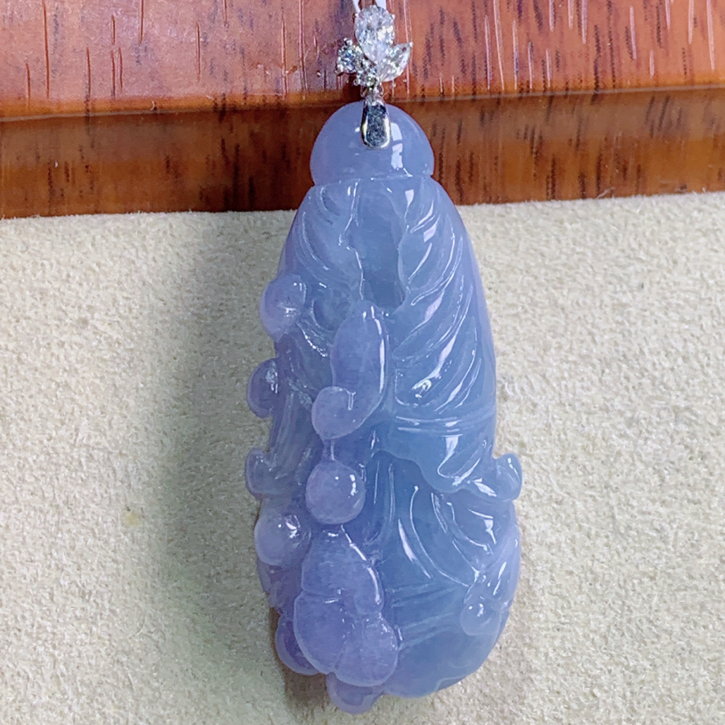 天然缅甸A货翡翠18k金镶浓紫罗兰白菜吊坠j整43.8石38/17.5/9.2mm