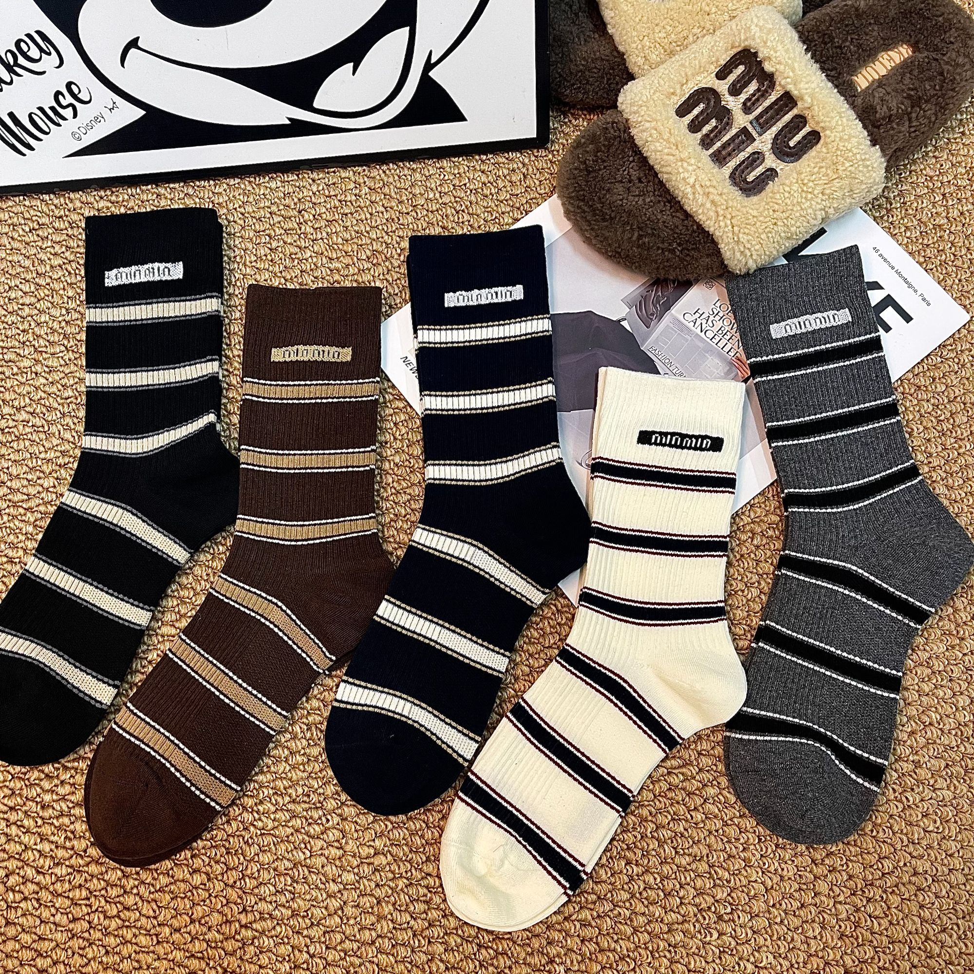 女秋冬森系条纹美腿塑形提花中筒防滑高筒袜极简风