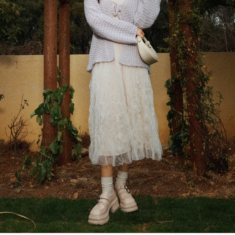 西町村屋波浪卷仙女长款半裙女春季新款气质网纱半身裙XAAA10013