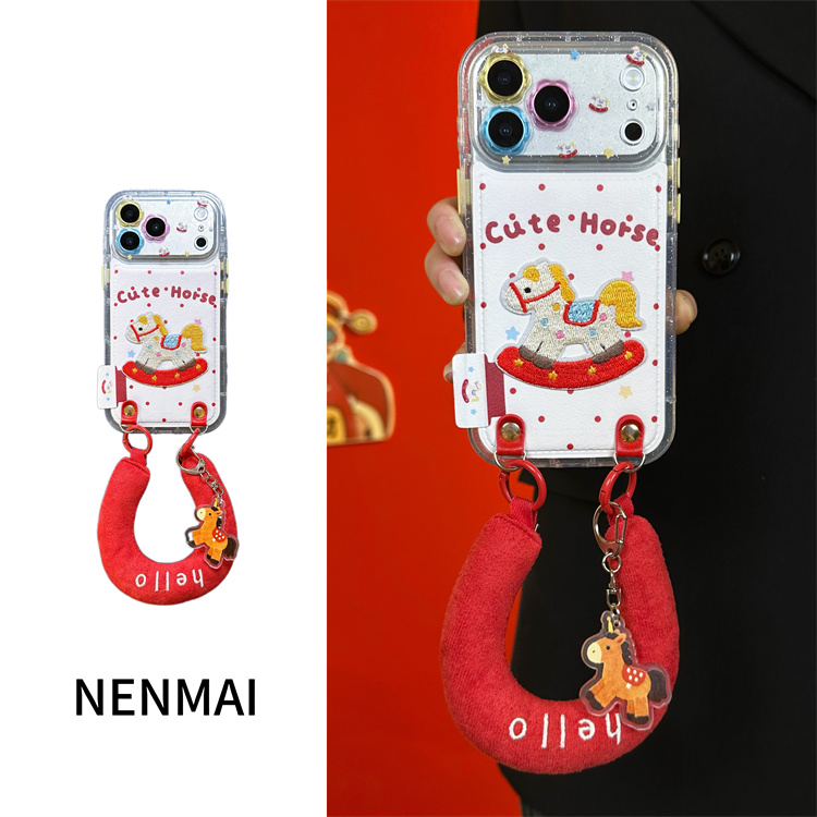 个性白底红波点刺绣摇摇马适用iPhone17promax手机壳苹果16腕带15